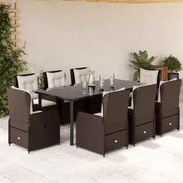 Set comedor para jardín 9 pzas y cojines ratán sintético marrón