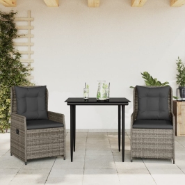 Set comedor de jardín 3 piezas con cojines ratán sintético gris