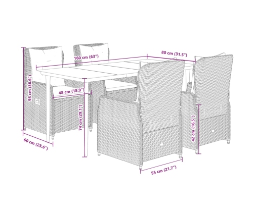 Set comedor de jardín 5 piezas con cojines ratán sintético gris