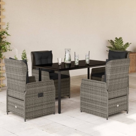 Set comedor de jardín 5 piezas con cojines ratán sintético gris