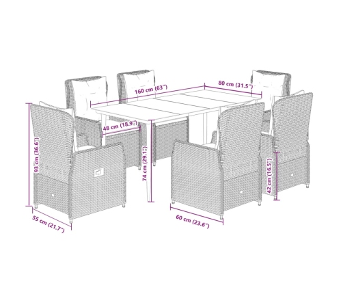 Set comedor de jardín 7 pzas con cojines ratán sintético beige