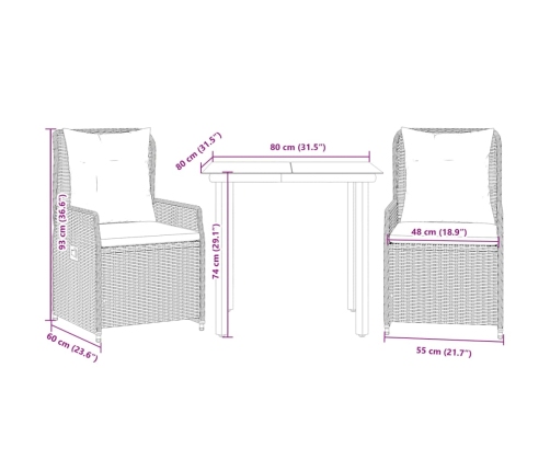 Set comedor de jardín 3 pzas con cojines ratán sintético beige