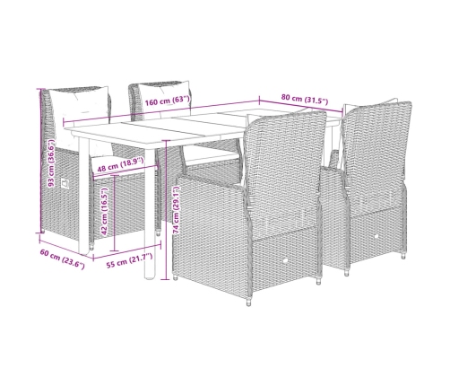 Set comedor de jardín 5 pzas con cojines ratán sintético beige