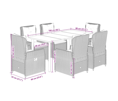 Set comedor de jardín 7 pzas con cojines ratán sintético beige