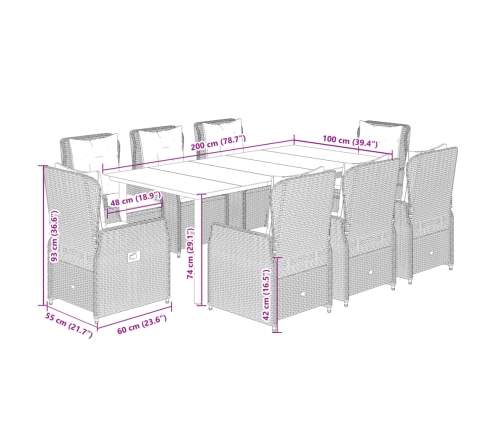 Set comedor de jardín 9 pzas con cojines ratán sintético beige