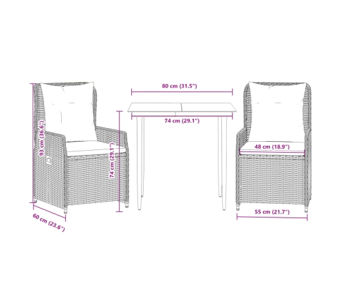 Set comedor de jardín 3 pzas con cojines ratán sintético beige