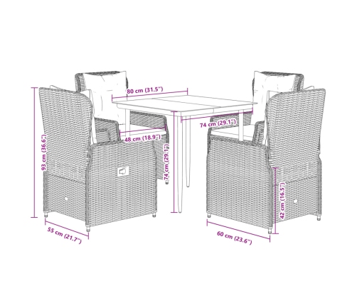 Set comedor de jardín 5 pzas con cojines ratán sintético beige