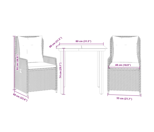 Set comedor de jardín 3 pzas con cojines ratán sintético beige