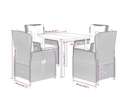 Set comedor de jardín 5 pzas con cojines ratán sintético beige