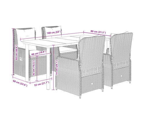 Set comedor de jardín 5 pzas con cojines ratán sintético beige
