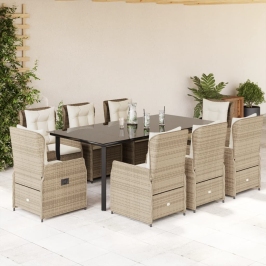 Set comedor de jardín 9 pzas con cojines ratán sintético beige