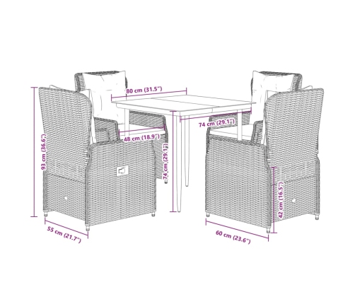 Set comedor de jardín 5 pzas cojines ratán sintético gris claro