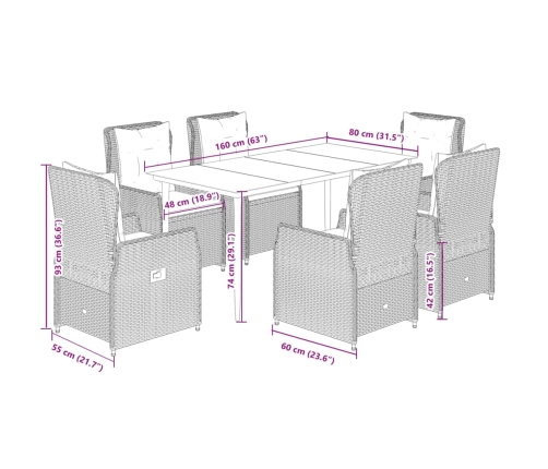 Set comedor jardín 7 pzas y cojines ratán sintético gris claro