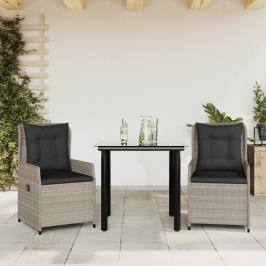 Set comedor de jardín 3 pzas cojines ratán sintético gris claro