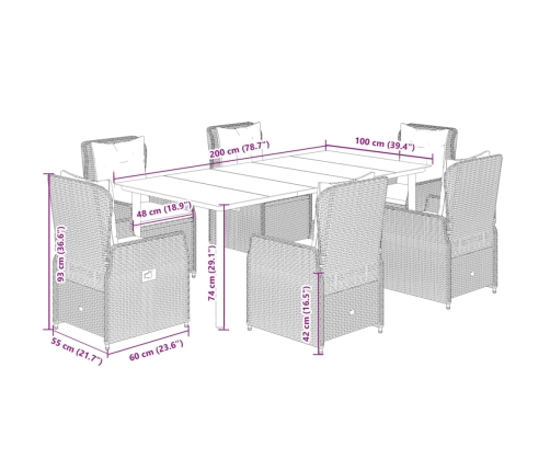 Set comedor jardín 7 pzas y cojines ratán sintético gris claro