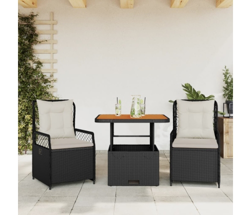 Set comedor de jardín 3 pzas con cojines ratán sintético negro