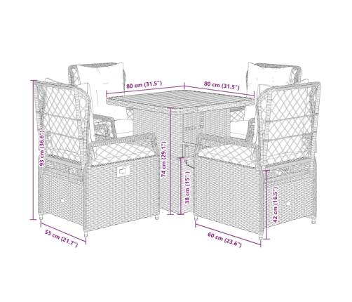 Set de muebles jardín 5 pzas con cojines ratán sintético negro
