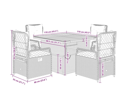 Set de muebles jardín 5 pzas con cojines ratán sintético negro
