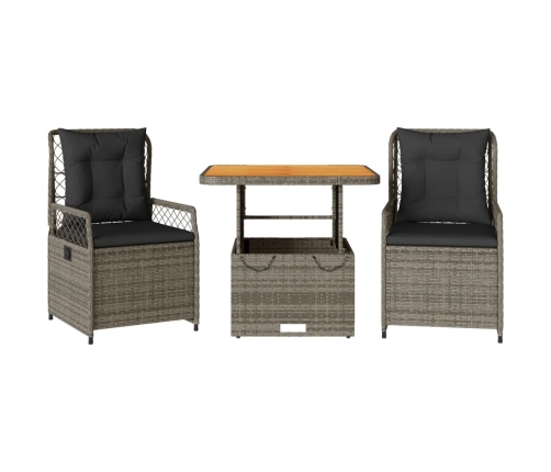Set comedor de jardín 3 piezas con cojines ratán sintético gris