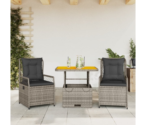 Set comedor de jardín 3 piezas con cojines ratán sintético gris