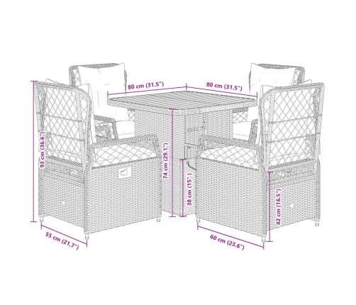 Set comedor de jardín 5 piezas con cojines ratán sintético gris