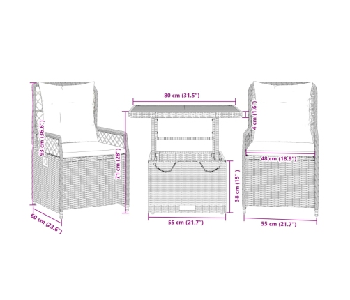 Set comedor de jardín 3 pzas con cojines ratán sintético beige