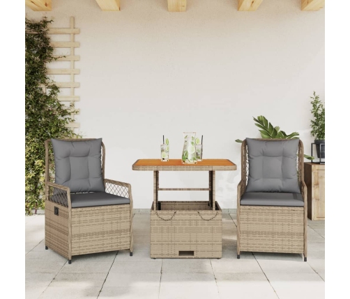 Set comedor de jardín 3 pzas con cojines ratán sintético beige