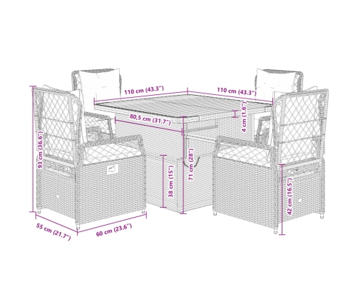 Set comedor de jardín 5 pzas con cojines ratán sintético beige