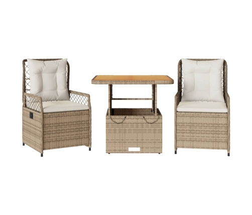 Set comedor de jardín 3 pzas con cojines ratán sintético beige
