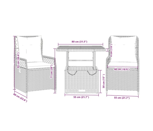 Set comedor de jardín 3 pzas con cojines ratán sintético beige