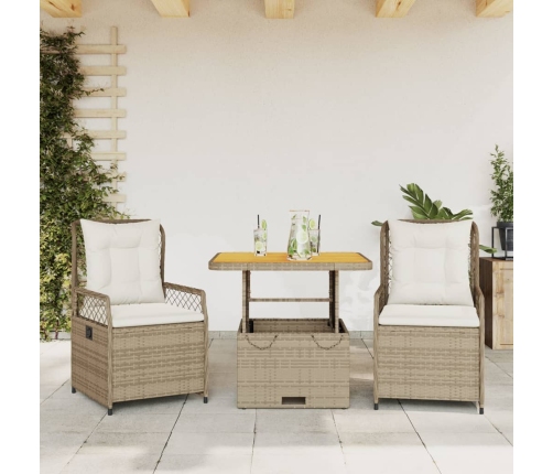 Set comedor de jardín 3 pzas con cojines ratán sintético beige
