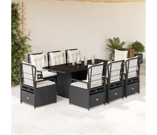 Set de comedor de jardín 9 pzas y cojines ratán sintético negro