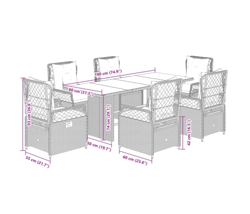 Set de comedor de jardín 7 pzas y cojines ratán sintético negro