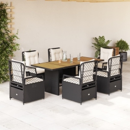 Set de comedor de jardín 7 pzas y cojines ratán sintético negro