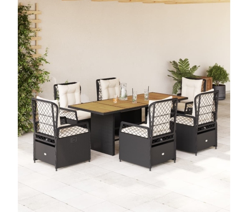 Set de comedor de jardín 7 pzas y cojines ratán sintético negro