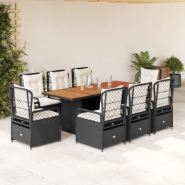 Set de comedor de jardín 9 pzas y cojines ratán sintético negro
