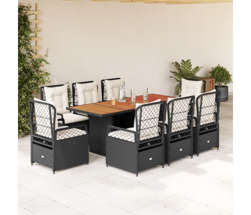 Set de comedor de jardín 9 pzas y cojines ratán sintético negro