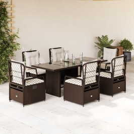 Set comedor de jardín 7 pzas con cojines ratán sintético marrón
