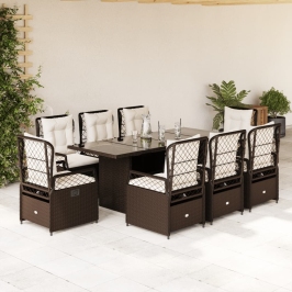 Set comedor para jardín 9 pzas y cojines ratán sintético marrón