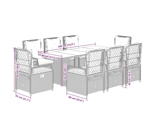 Set comedor jardín 9 pzas y cojines ratán sintético gris