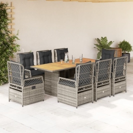 Set comedor jardín 9 pzas y cojines ratán sintético gris