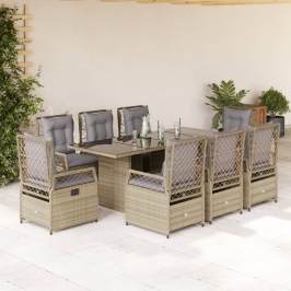 Set comedor de jardín 9 pzas con cojines ratán sintético beige