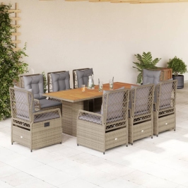Set comedor de jardín 9 pzas con cojines ratán sintético beige