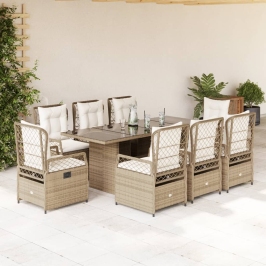 Set comedor de jardín 9 pzas con cojines ratán sintético beige