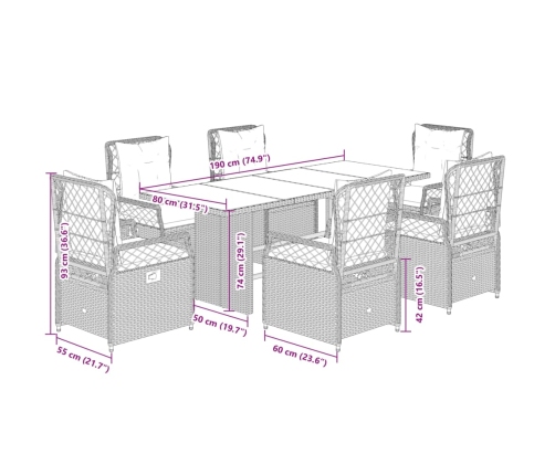 Set comedor de jardín 7 pzas con cojines ratán sintético beige