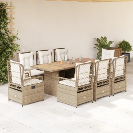 Set comedor de jardín 9 pzas con cojines ratán sintético beige