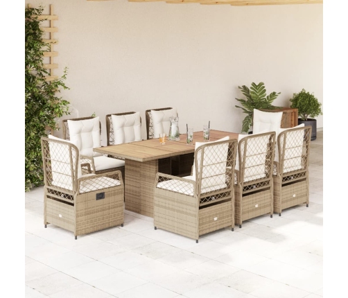 Set comedor de jardín 9 pzas con cojines ratán sintético beige
