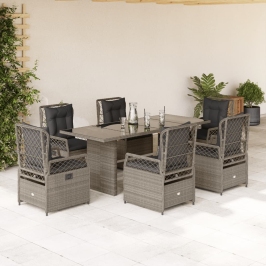 Set comedor jardín 7 pzas y cojines ratán sintético gris claro