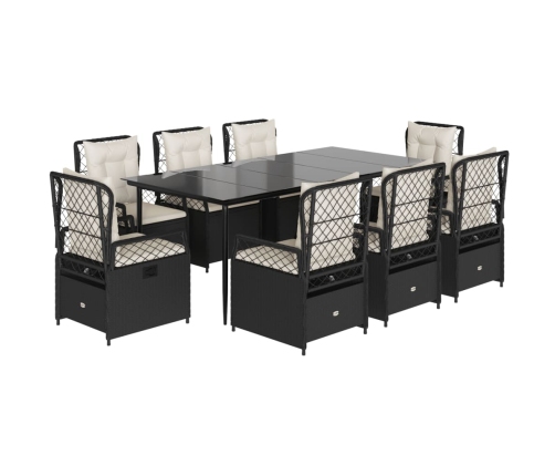 Set de comedor de jardín 9 pzas y cojines ratán sintético negro