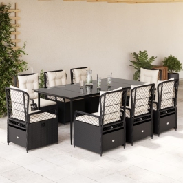 Set de comedor de jardín 9 pzas y cojines ratán sintético negro
